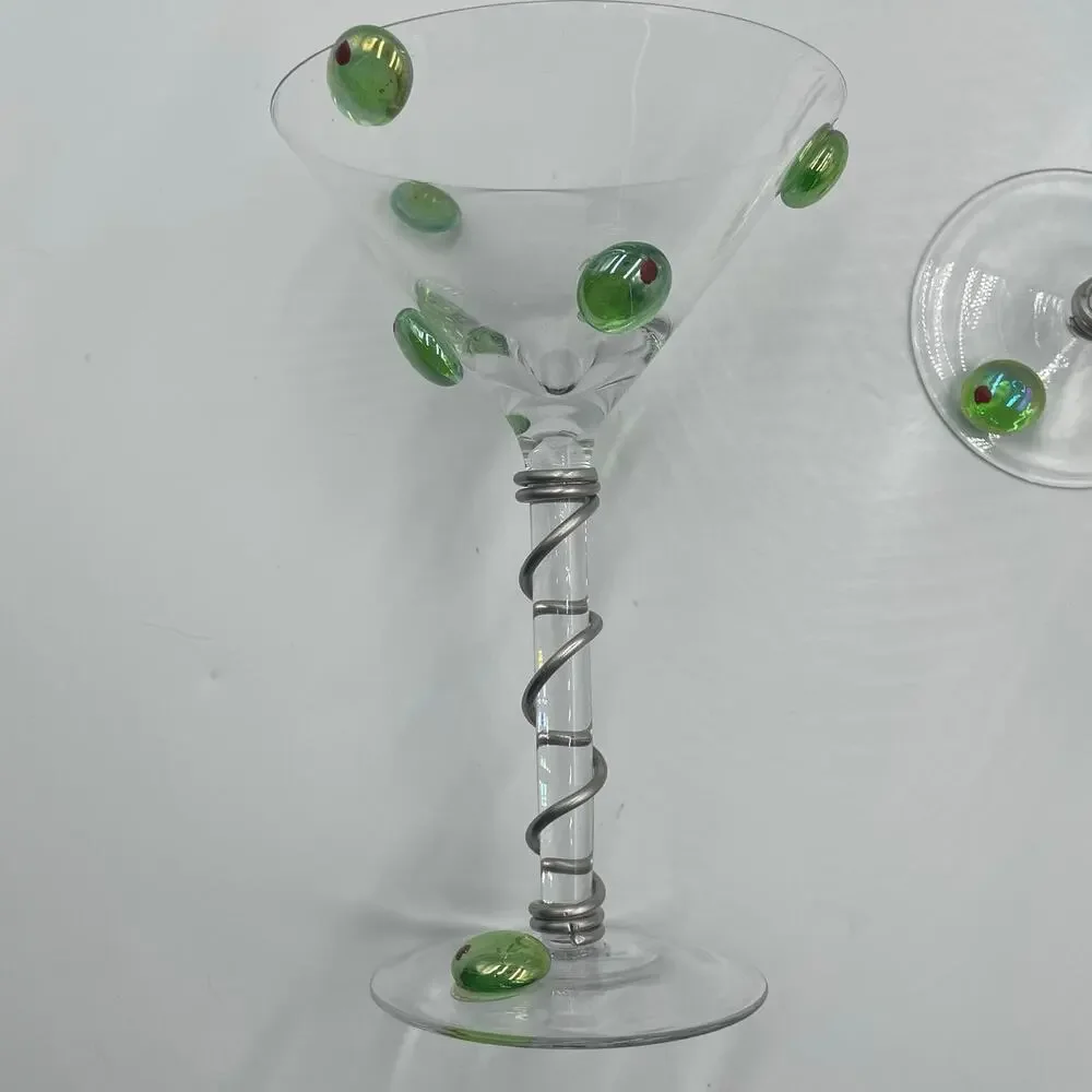 Set of 2 Wire Wrapped Martini Glasses Drinkware with Glass Olives Barware - Picture 3 of 7